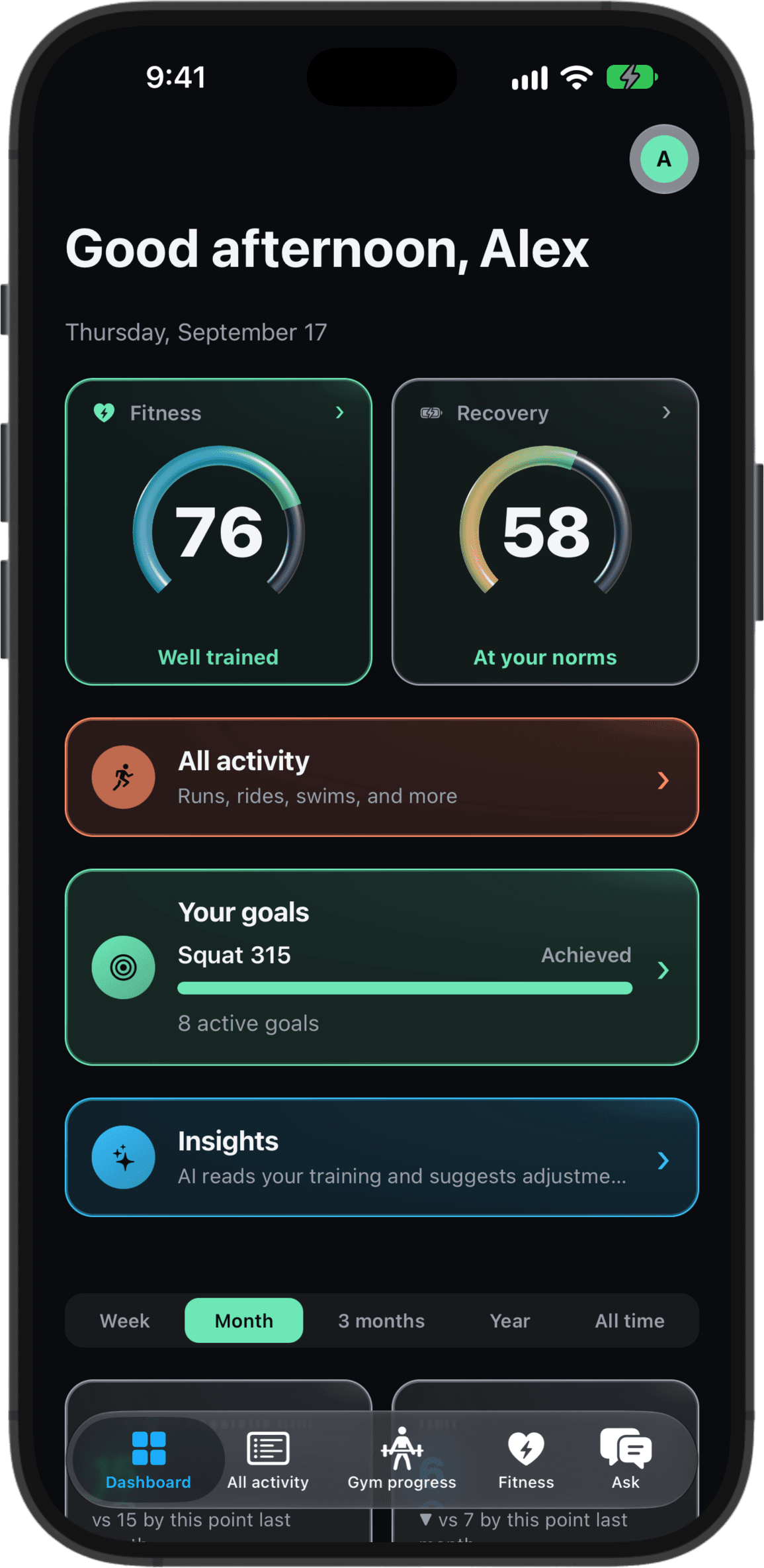 The Fitterson iPhone app showing the dashboard with recent workouts and scores.